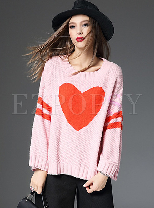 Pink Heart Pattern Knitted Sweater