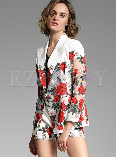 Work Rose Design Blazer With Shorts