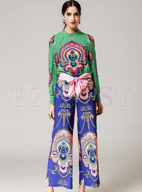 Ethnic Print Stand Collar Two-piece Outfits