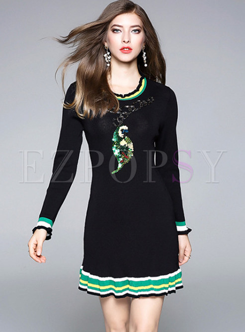 Cute Nail Bead Striped Knitted Dress