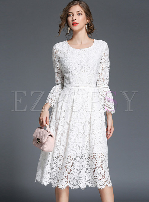 Lace Hollow Out Flare Sleeve Skater Dress