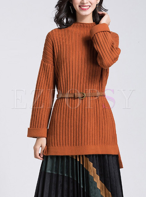 Stylish Slit Stand Collar Knitted Sweater