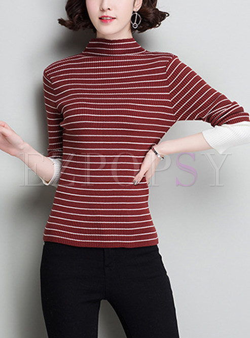 Brief Striped Stand Collar Knitted Sweater
