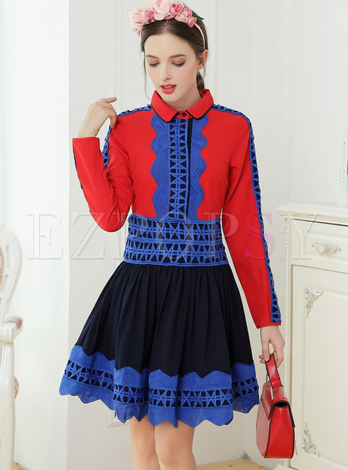 Chic Color-blocked Lace Lapel A-line Dress