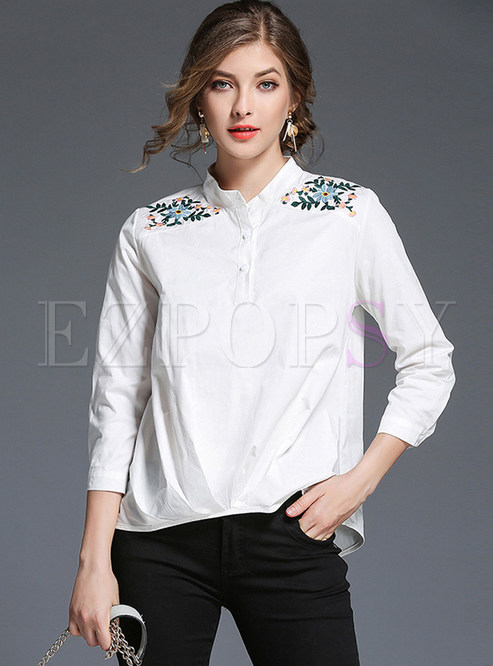 Tops | Blouses | White Stand Collar Embroidered Asymmetric Blouse