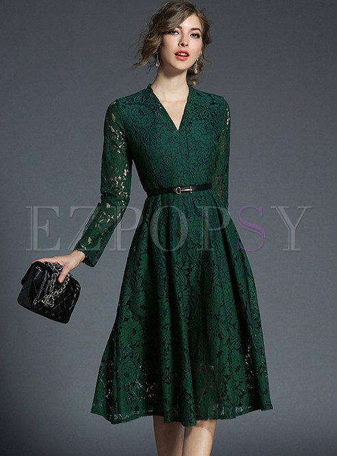 Dresses | Skater Dresses | Green V-neck Belted Embroidered Skater Dress