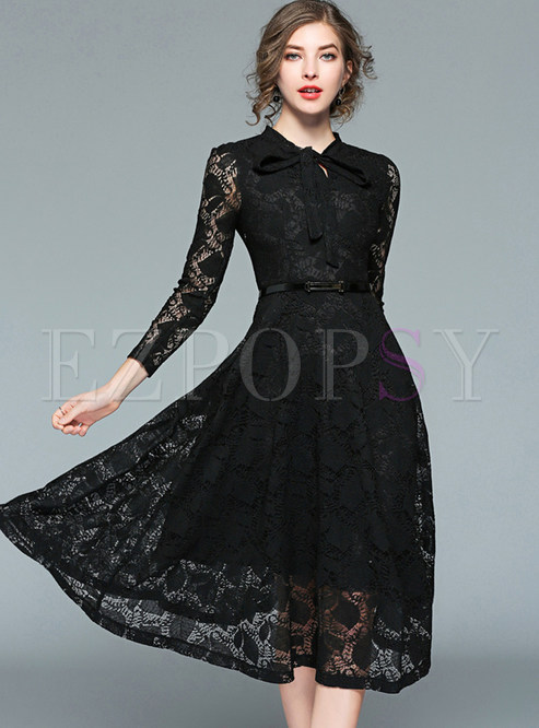 Black Hollow Out Belted Lace Skater Dress