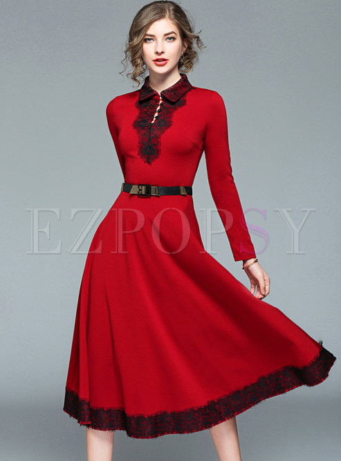 Red Lace Stitching Belted Skater Dress