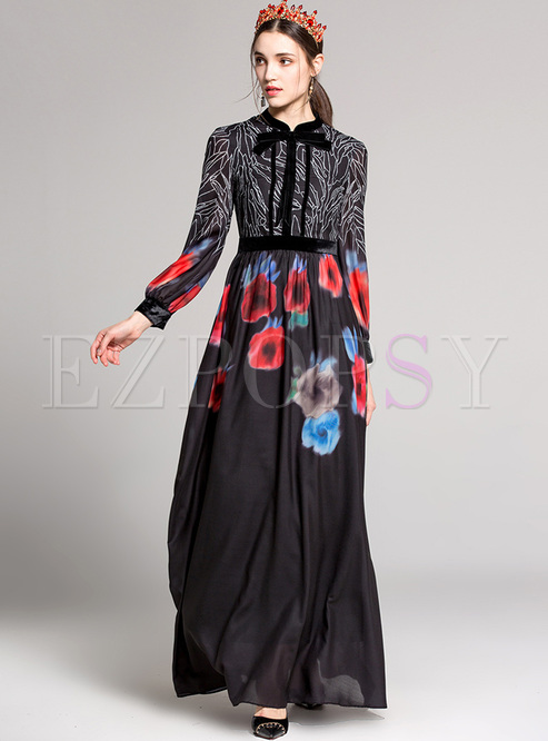 Black Print Tied-collar Slim Maxi Dress