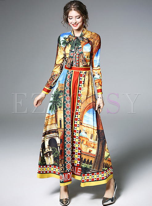 Dresses | Maxi Dresses | Vintage Multicolor Print Tied-collar Maxi Dress
