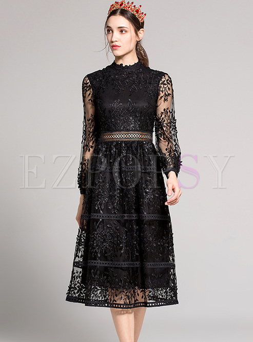 Dresses | Skater Dresses | Black Perspective Mesh Embroidery A-line Dress