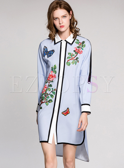 Chic Embroidery Lapel Asymmetric Hem Shirt Dress