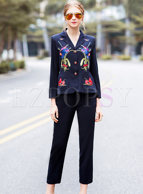 Two-piece Outfits | Two-piece Outfits | Navy Blue Embroidered Blazer ...