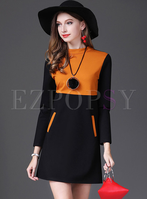 Hit Color Stand Collar A-line Knitted Dress