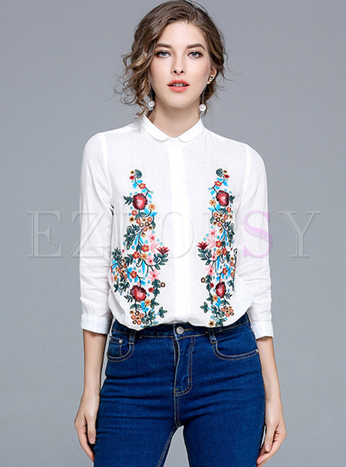 White Embroidered Slit Single-breasted Blouse