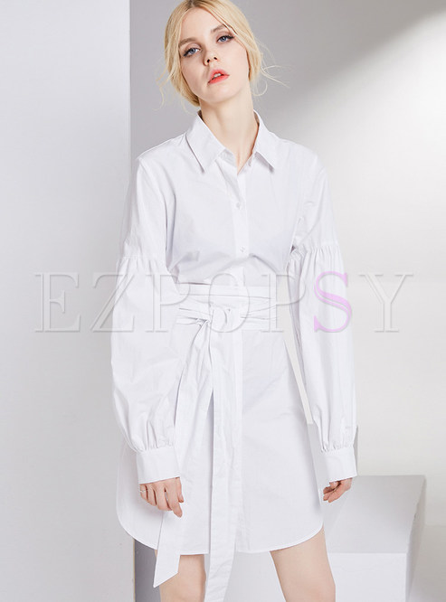 White Turn Down Collar Slit Shirt Dress