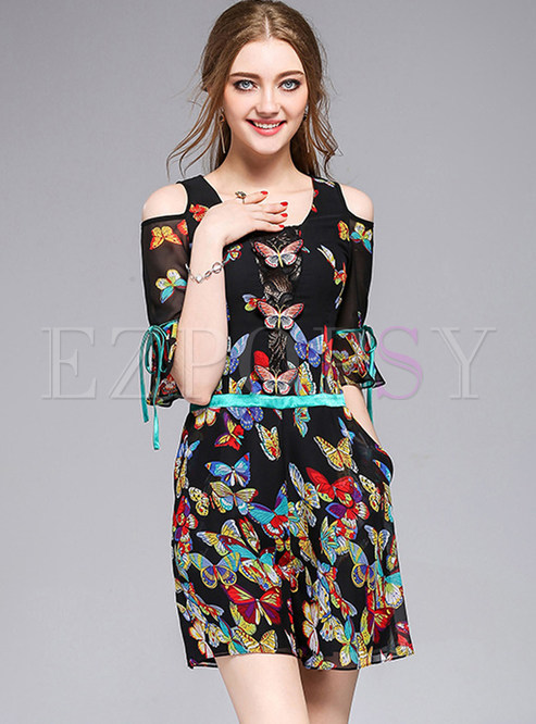 Butterfly Print Flare Sleeve Rompers