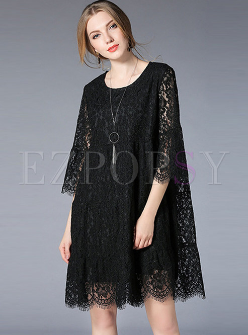 Casual Lace Hollow Out Shift Dress