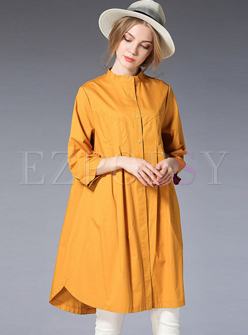 Yellow Street Cotton Stand Collar Shift Dress