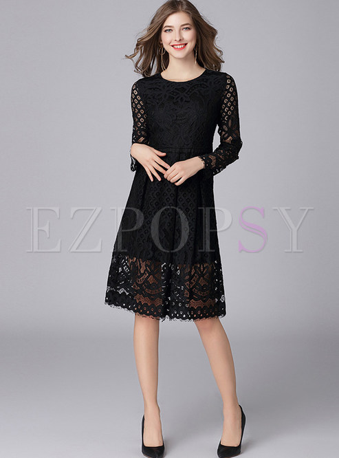 Dresses | Skater Dresses | Black Lace Long Sleeve Skater Dress