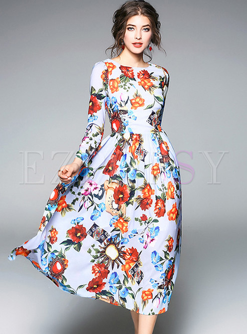 Floral Print Gathered Waist Chiffon Maxi Dress