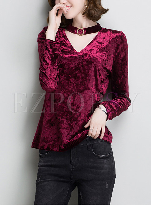 Wine Red Hollow Out V-neck Sweatshirt