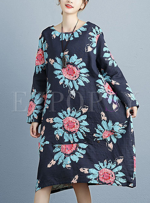 Floral Print Loose Long Sleeve Shift Dress