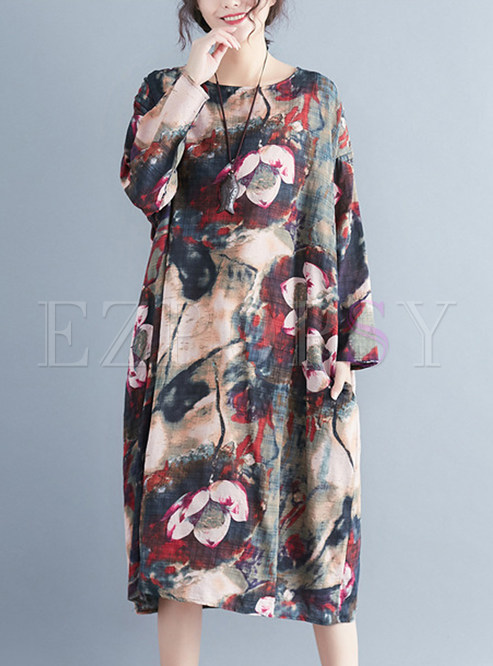 Ethnic Flower Print O-neck Shift Dress