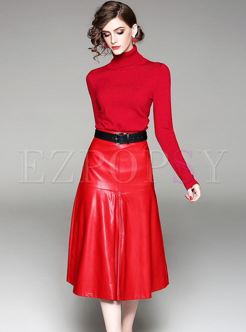 Two-piece Outfits | Two-piece Outfits | Red Knitted Top & PU Mermaid Skirt