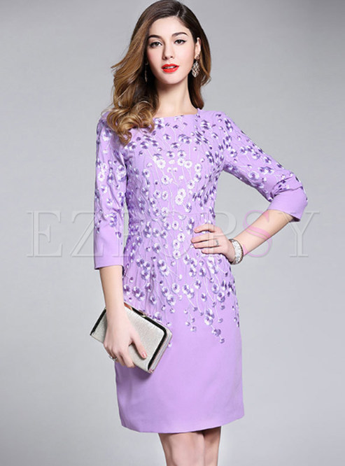 Purple Flower Embroidered Bodycon Dress