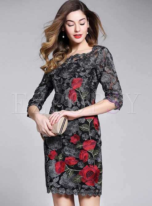 Stylish Flower Embroidered Lace Bodycon Dress
