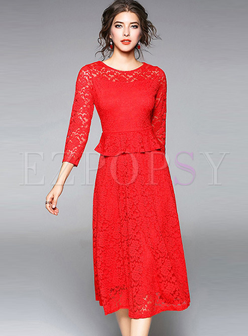 Red Lace Splicing Skater Dress