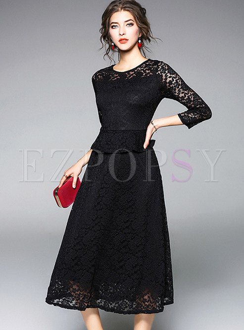 Dresses | Skater Dresses | Black Lace Three Quarters Sleeve Skater Dress