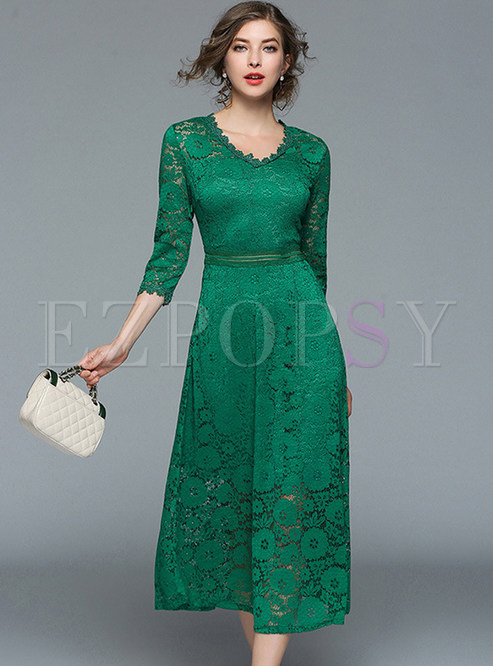 Green Lace Crochet V-neck Skater Dress