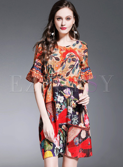 Floral Print Silk Flare Sleeve Skater Dress