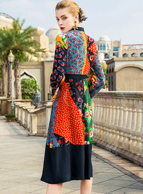Dresses | Skater Dresses | Ethnic Silk Floral Print Hit Color Dress