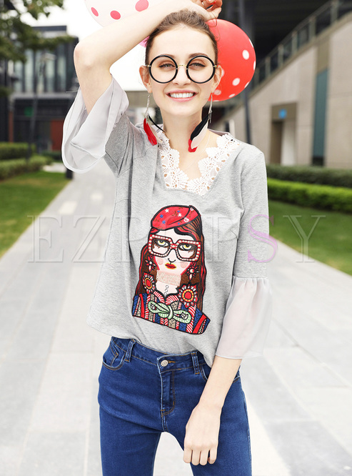Chic Girl Pattern Flare Sleeve T-shirt