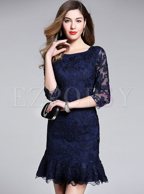 Navy Blue Embroidered Mermaid Dress