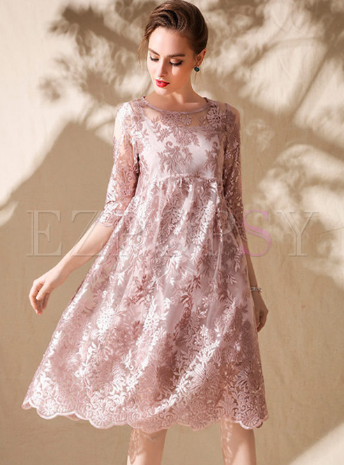Pink Three Quarters Sleeve Embroidered Shift Dress With Underskirt