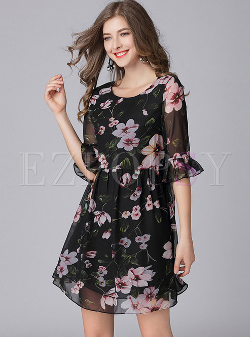 Flower Print Half Sleeve Chiffon Dress