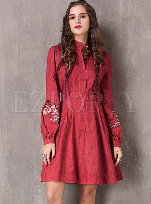 Red Puff Sleeve Stand Collar A-line Dress