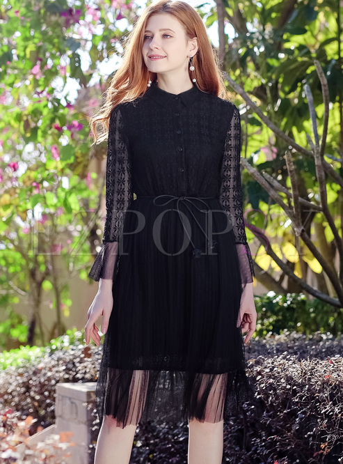 Black Lapel Lace Mesh Patched A-line Dress