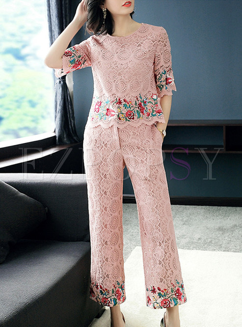 Pink Lace Embroidered Two-piece Outfits