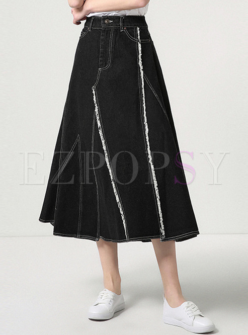 Black Edging High Waist Denim Skirt
