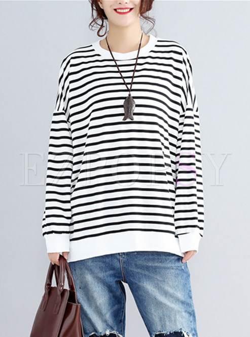 White Striped Fashion Cotton Sweatshirt