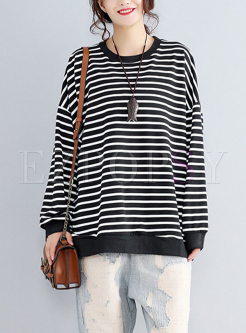 Black Striped O-neck Loose Sweatshirt