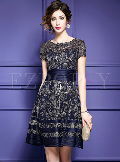 Dresses | Skater Dresses | Elegant Embroidered Short Sleeve Party Dress