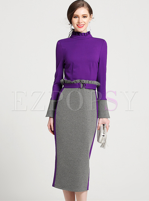 Elegant Color-blocked Flare Sleeve Stand Collar Bodycon Dress
