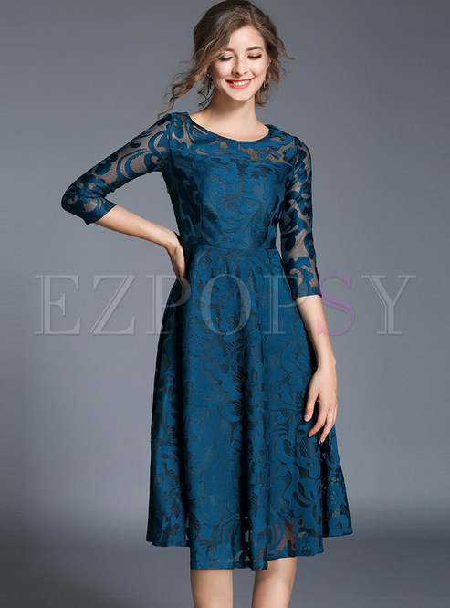 Dresses | Skater Dresses | Blue Lace Hollow Out Embroidered Skater Dress