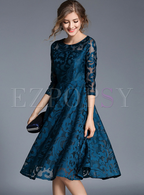 Dresses | Skater Dresses | Blue Lace Hollow Out Embroidered Skater Dress
